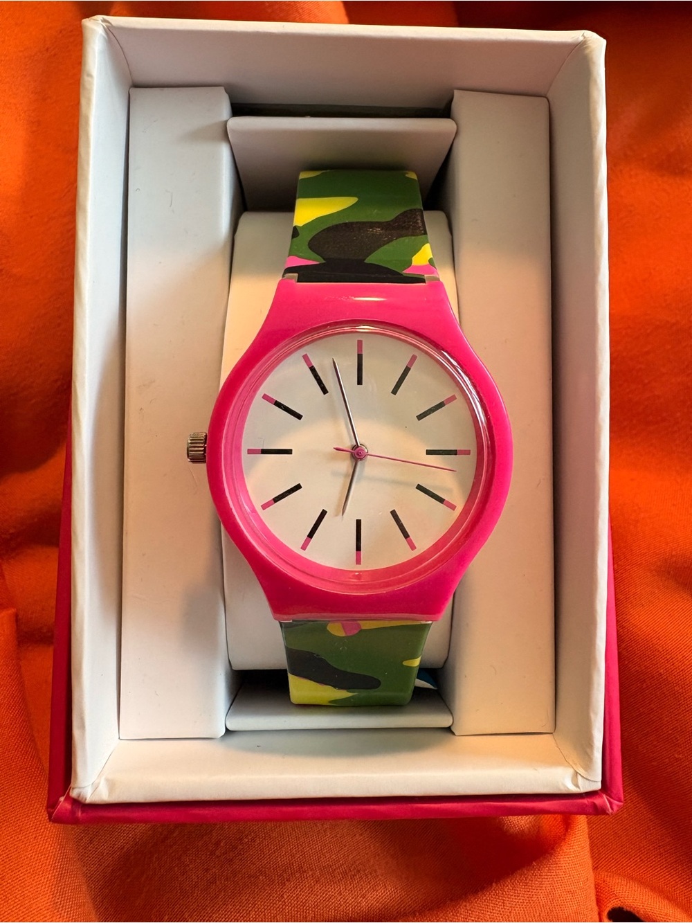 Pink Case Watch with Green Camo Silicone Strap